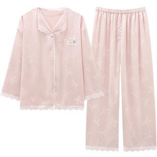 马克公主轻奢冰丝睡衣女春夏新款长袖甜美蕾丝凉感四季外穿家居服