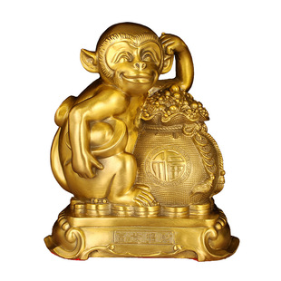 黄铜猴摆件金猴献宝福字元宝聚宝盆生肖猴全家福猴家居客厅装饰品