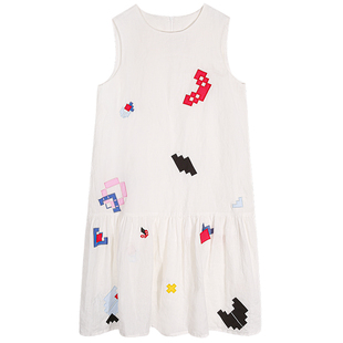 今屿花花 连衣裙夏女2025新款无袖白色刺绣A字裙小个子亚麻长裙