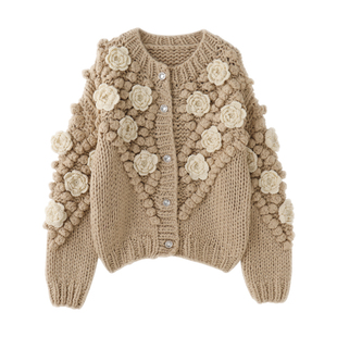 MMC 重工棒针粗线全手工手打勾花立体花朵球球针织开衫外套毛衣厚