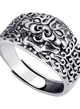 男足银复古做旧饕鬄戒指