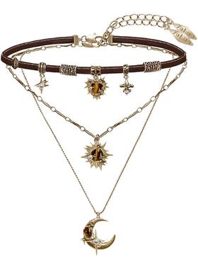 复古美拉德日月星芒多层叠戴项链