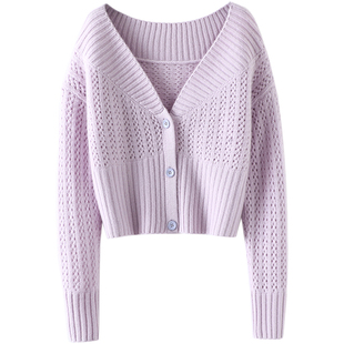 前卫时髦！大V领羊绒开衫女短款纯羊绒毛衣针织开衫外套秋冬加厚