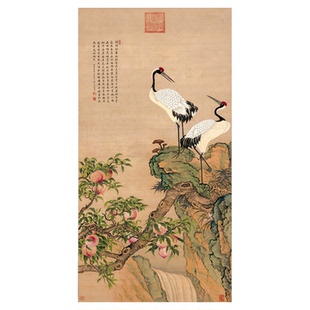 清邹一桂蟠桃双鹤图 工笔仙鹤贺寿图高清微喷复制装饰画临摹范本