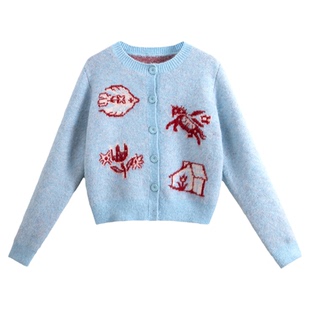 有耳uare原创设计 小马飞屋环游记 撞色提花羊毛混纺毛衣开衫外套