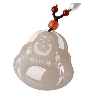 玉说和田玉藕粉佛公吊坠女款玉坠玉佩大肚弥勒笑佛玉石挂件附证书