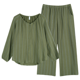 轩靓纯棉睡衣女春秋款长袖双层纱布全棉度假风高级感家居服套装