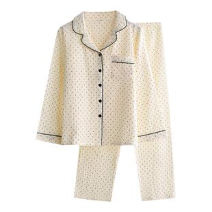 日系水玉波点睡衣女士春秋夏季纯棉纱布薄款宽松长袖家居服套装