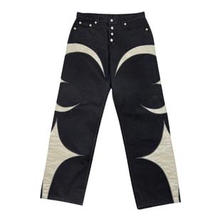 Thug Club 23fw 拼皮银饰牛仔裤直筒宽松高街韩国vibe金属扣排扣