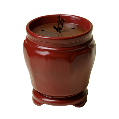 束刻 大漆红粗陶建水带盖景德镇陶艺茶渣缸手工茶废水盂茶道配件