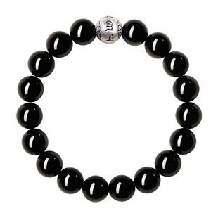 普陀山庆祥泰天然黑曜石手串女款真品纯银男士箴言转运珠手链礼物