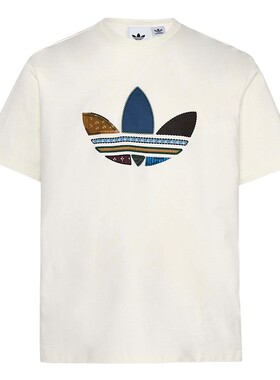 adidas阿迪达斯三叶草纹理感三条纹拼接式LOGO半袖短袖T恤 KW5670
