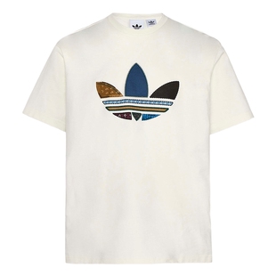 adidas阿迪达斯三叶草纹理感三条纹拼接式LOGO半袖短袖T恤 KW5670