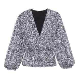 Maje秋冬女装法式时尚修身银色亮片装饰松紧袖口V领收腰针织上衣