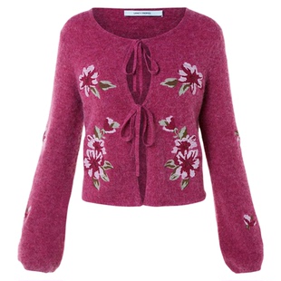 朗姿羊毛刺绣系带毛衣复古针织开衫时尚设计感上衣2026年春季新款