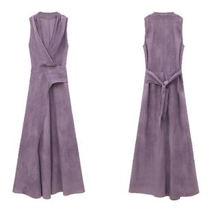 TYANG贰羊设计【青宛】气质紫色v领挂脖长裙女绑带设计感连衣裙子