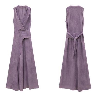 气质紫色v领挂脖设计感连衣裙