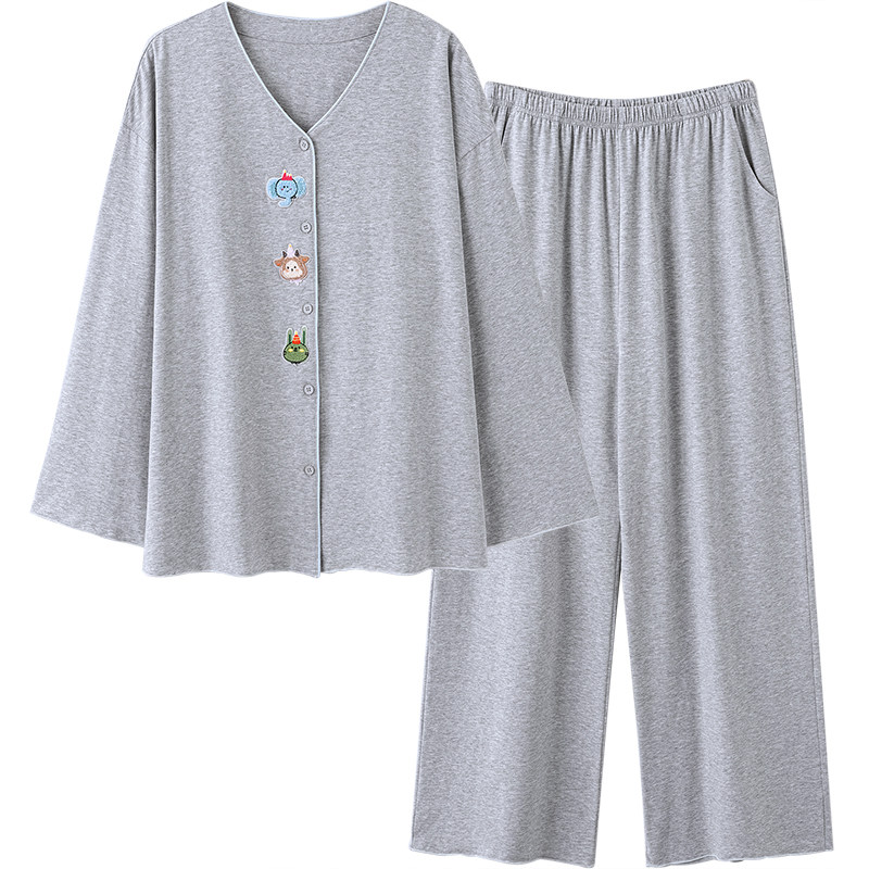 思莉灰色纯棉长袖V领女款家居服