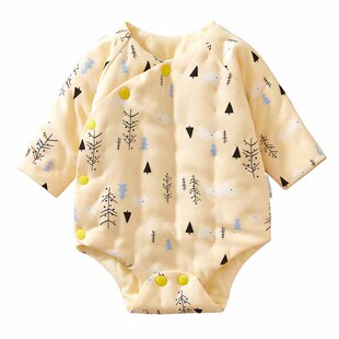 婴儿纯棉花手工包屁衣秋春秋夹棉长袖三角哈衣新生儿连体睡衣爬服