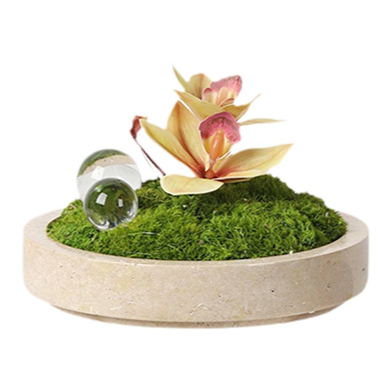 现代简约圆形黄色大理石苔藓花盆售楼处样板房茶几洽谈桌绿植花瓶