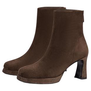 KISSCAT接吻猫新款棕色美拉德靴子粗跟短靴瘦瘦靴绒面高跟靴女