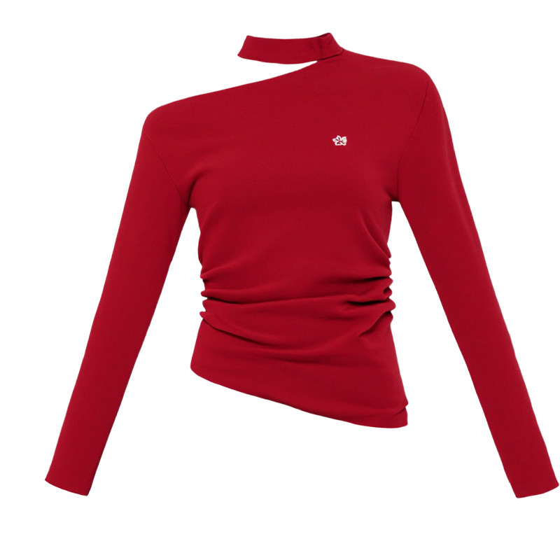 【现货】易碎商店·新年穿搭 复古红色斜肩修身上衣针织衫百搭T恤