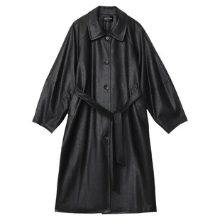 CV大码女装春季新款翻领格纹拼接长款pu皮质风衣高级感外套女胖mm