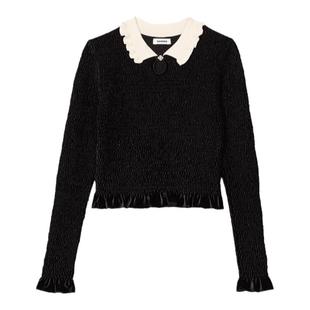 SANDRO秋冬女装法式气质时尚黑色木耳边黑白花边镂空短款针织上衣