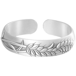 大克重银手镯女9999纯实心款古法宽面复古麦穗银镯子妈妈生日礼物