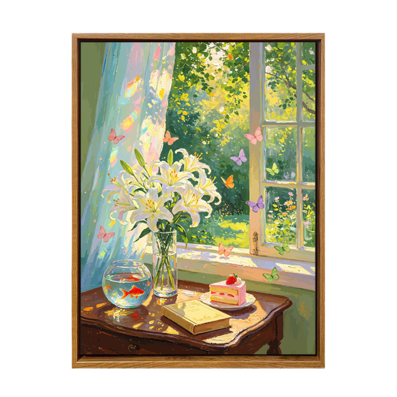莫奈印象派百合花卉蝴蝶数字油画