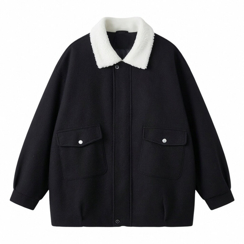 毛呢羊羔毛棉服加绒加厚OVERSIZE韩版宽松上衣外套棉衣男加厚蓝色