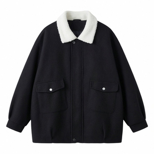 毛呢羊羔毛棉服加绒加厚OVERSIZE韩版宽松上衣外套棉衣男加厚蓝色