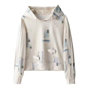SMEN诗萌艺术印花连帽卫衣女2026春秋宽松杏色短款套头衫休闲上衣