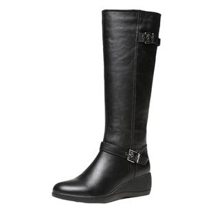 2025新款全真皮长筒靴牛皮女靴坡跟中筒靴中跟高靴绒里保暖雪地靴