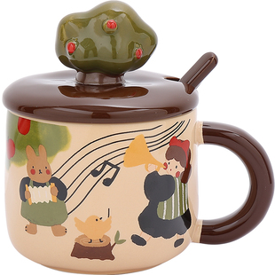 杯子家用马克杯设计感小众带盖勺水杯陶瓷精致漂亮的咖啡杯办公室