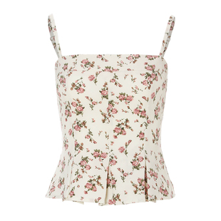 sincethen法式复古碎花吊带度假海岛风背心褶皱裙摆收腰上衣女夏