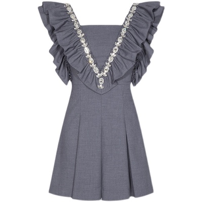 高级水钻连衣裙灰色无袖赫本风