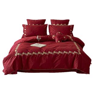 金喜鸟家纺简约高端婚庆四件套纯棉全棉大红色刺绣结婚床品年轻人
