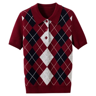 【学院派乖乖女】1OO%羊毛 简约通勤POLO领菱格纹提花针织衫女