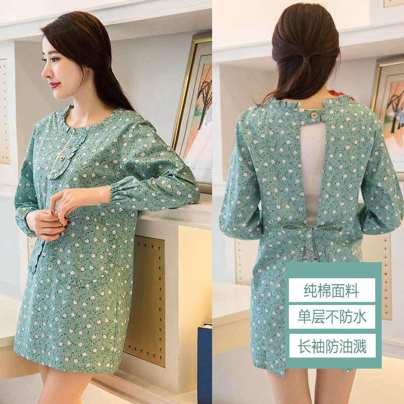 家用厨房全包长袖棉布围裙罩衣冬款防水防油反穿衣工作服做饭围腰