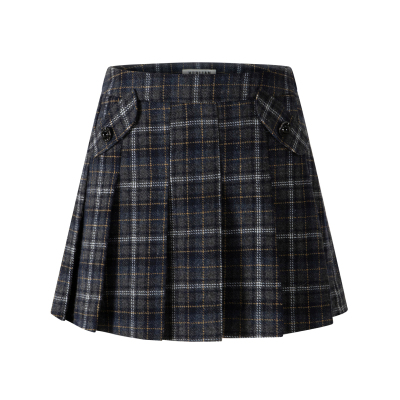 英伦口袋装饰格子百褶裙