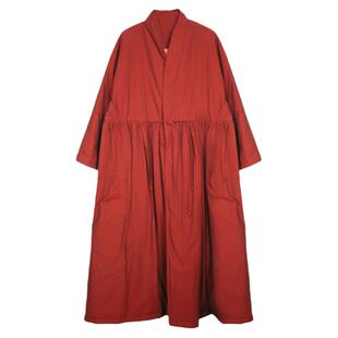 酒红色夹棉加厚长款连衣裙棉袍 2024冬小众设计宽松保暖长款棉衣