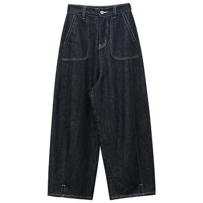 磨毛沙洗阔腿牛仔裤女冬高腰宽松