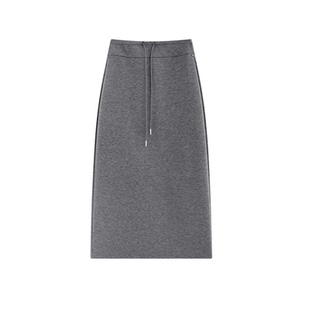 浅灰色加绒运动半身裙女秋冬加厚抽绳后开叉卫裙中长款羊绒直筒裙