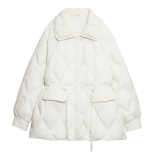 艾蓓怡白色法式菱格夹棉保暖收腰棉服厚外套女2025冬季新款中长款