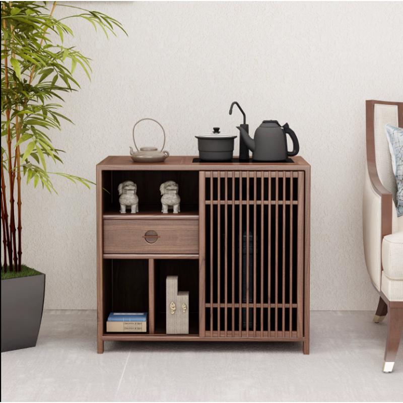 新中式茶水柜客厅茶水台黑胡桃木办公茶边柜实木边几老榆木烧水柜