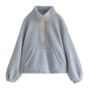 徐大脸吖定制 miu系蓝米拼色条纹上衣冬亨利立领廓形羊羔毛卫衣女