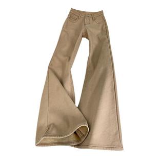 拉夏贝尔复古加绒微喇牛仔裤女秋冬新款高腰显瘦不贴腿马蹄喇叭裤