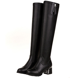 过膝靴子女长靴弹力靴2023秋冬新款显瘦皮靴长筒靴粗高跟高筒靴