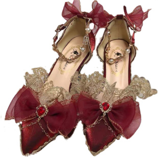 原创lo鞋复古宫廷太炎兽洛丽塔茶会华丽花嫁高跟鞋酒红色婚鞋新娘